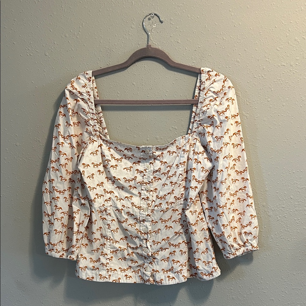 Little Moon Cream Button-Front Blouse with Orange Horse Print